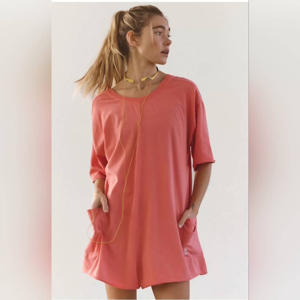 FP Movement by Free People Hot Shot Tee Romper, NWT Hibiscus